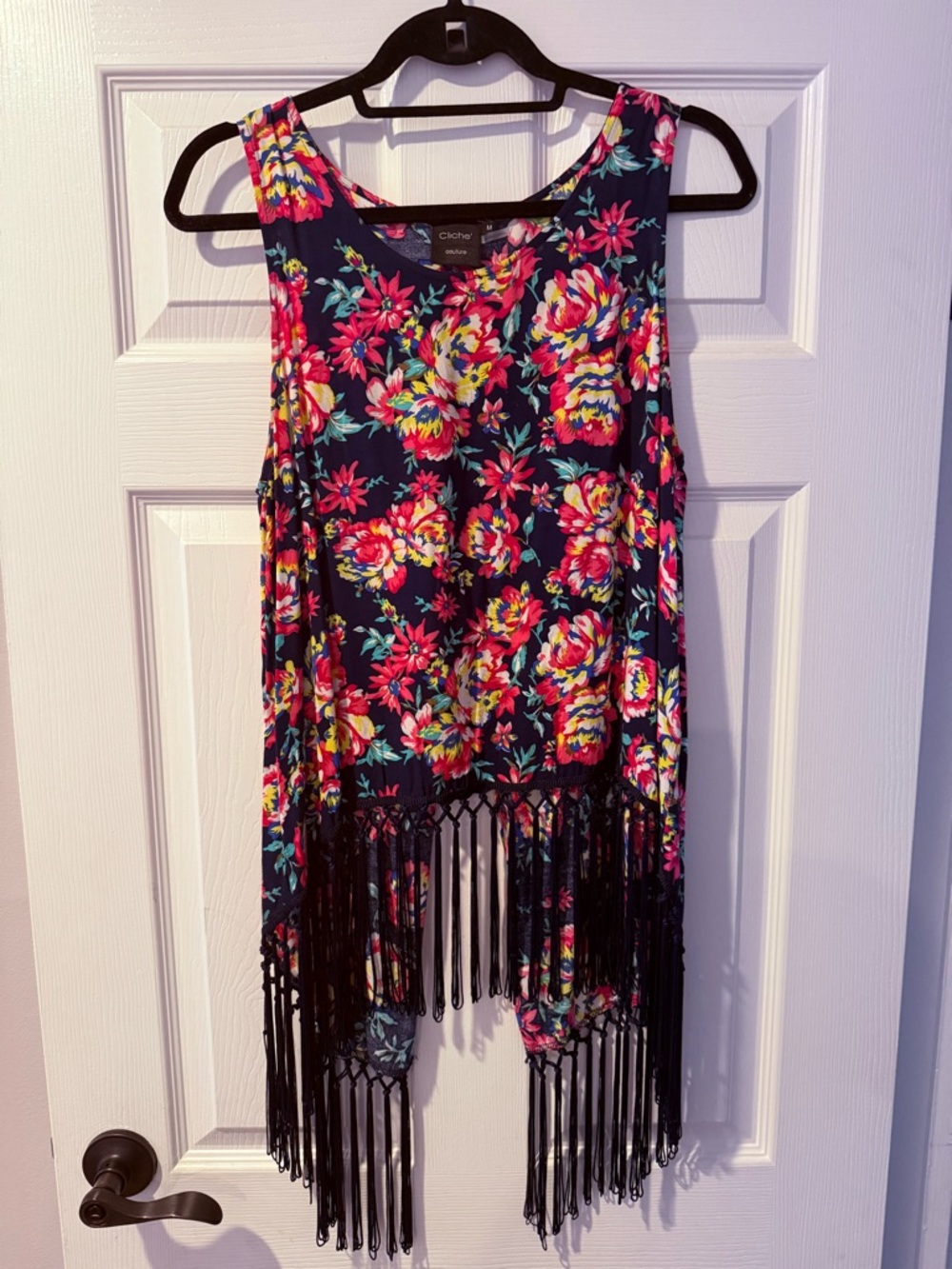 Sleeveless Floral Fringe Blouse - Navy Multi